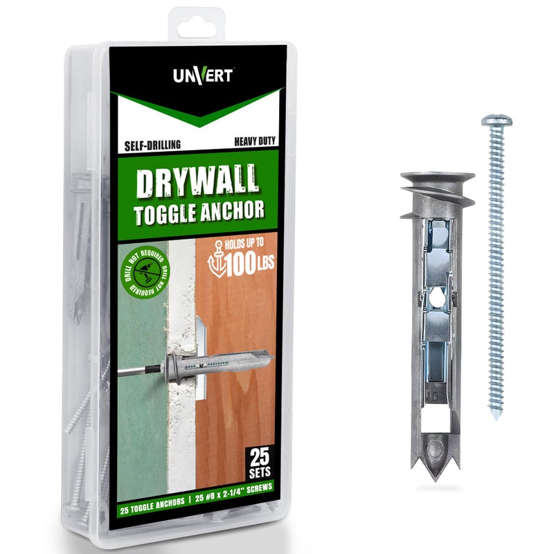 UNVERT Heavy Duty Drywall Anchors - Self-Drilling Drywall Anchor Toggle Kit, Heavy Duty Wall Anchor with Zinc Phillip Screws #8 x 2-1/4 - Holds Up to 100 Lb. (25 Pack) - Image 1